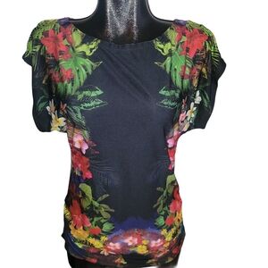 Suzy Shier Floral Black Short Sleeve Cold Shoulder Top M